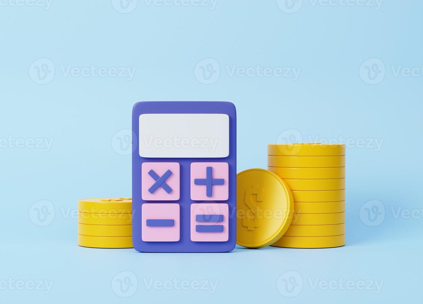 el concepto de un financiero icono. dinero gestión, financiero planificación, calculador financiero riesgos, un calculadora con un pila de monedas en contra el antecedentes de joven biri ilustración de 3d representación foto