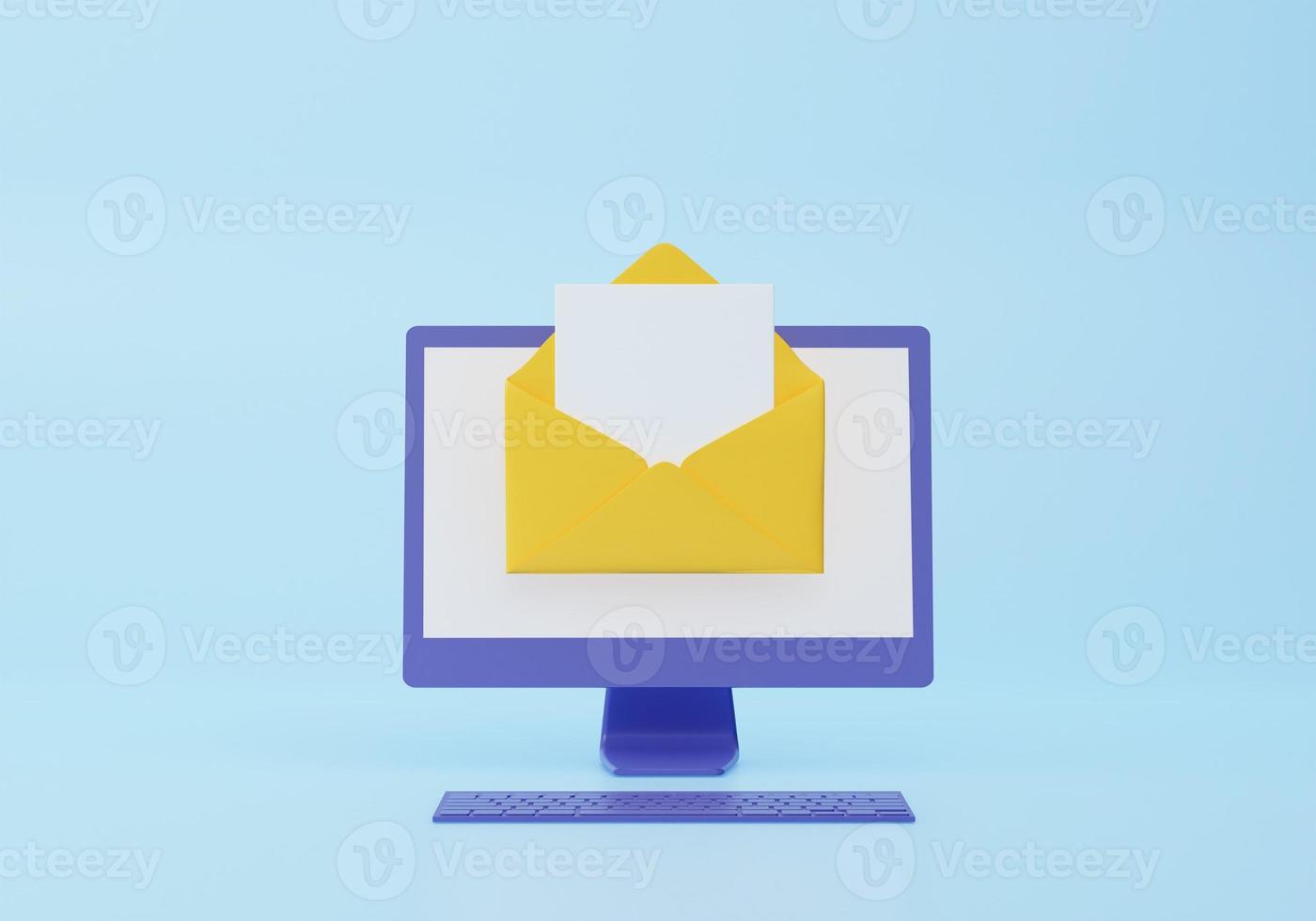 Computer monitor display and envelope. Mail service, e-mail message, mail notification, social network concept. 3d rendering icon. Cartoon minimal style. photo