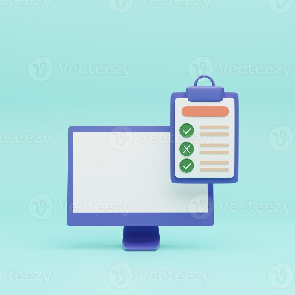 asignación iconos computadora pantalla, Lista de Verificación, documento símbolo. 3d representación ilustraciones. foto