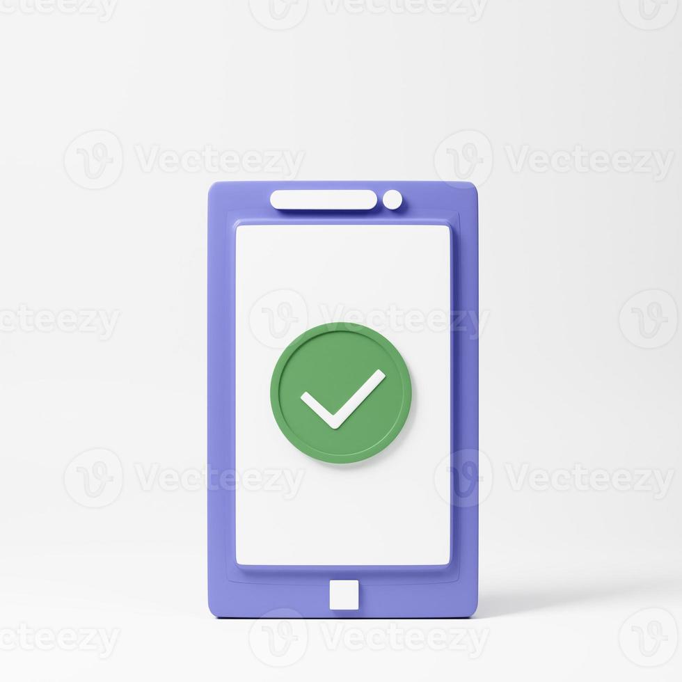 Smartphone with check sign. 3d rendering icon. Cartoon minimal style. photo