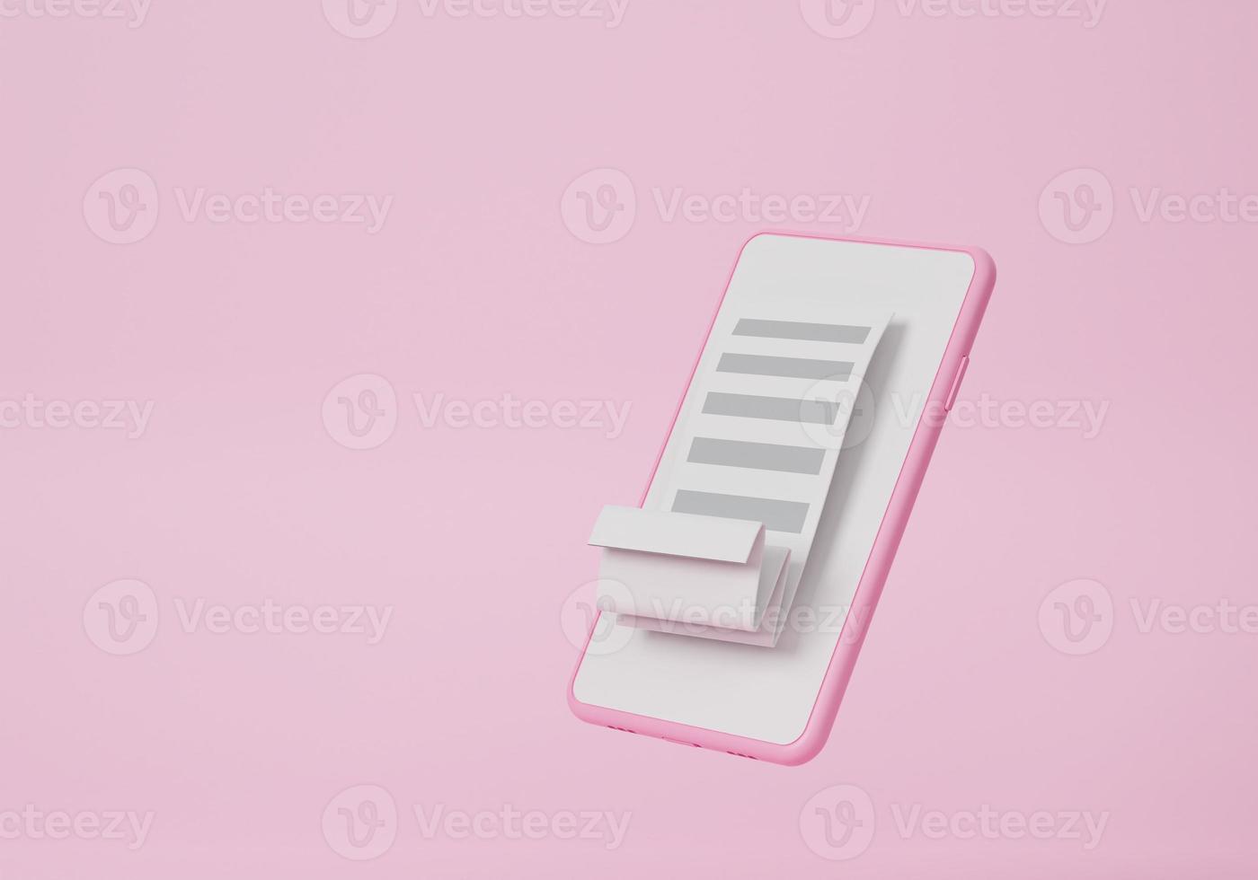 Pay money via app Internet banking Online payments Bill floating on smartphone blank white screen transaction concept. on Pink background minimal cartoon. 3D rendering illustrations photo