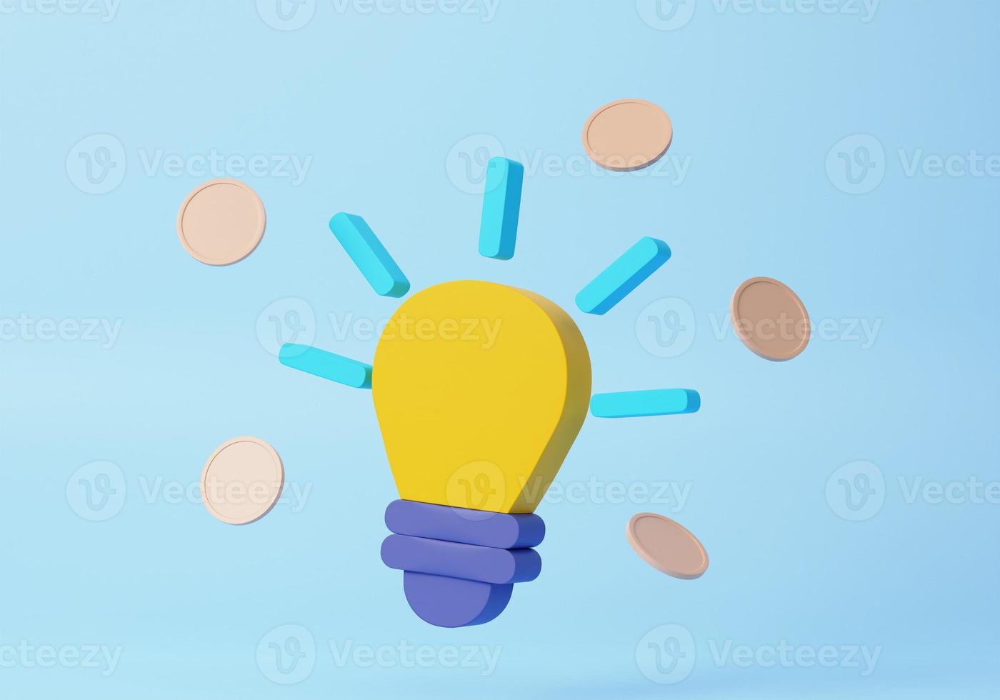 Yellow light bulb on soft blue background money competition combine investment startup idea concept, invention, project support, 3d rendering illustration photo