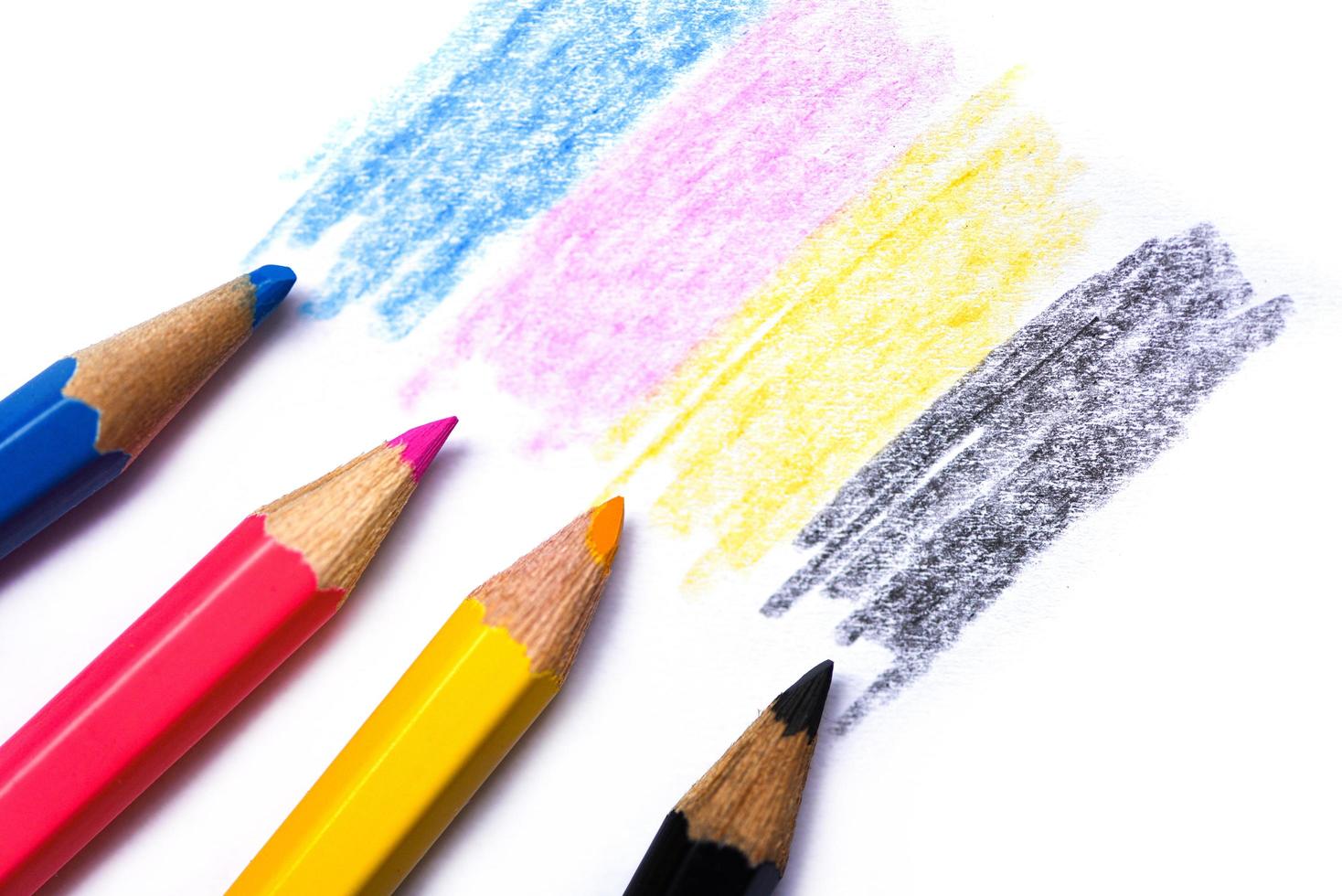 cmyk concept - wooden crayon texture with cyan blue red magenta yellow and black drawings on white paper background photo