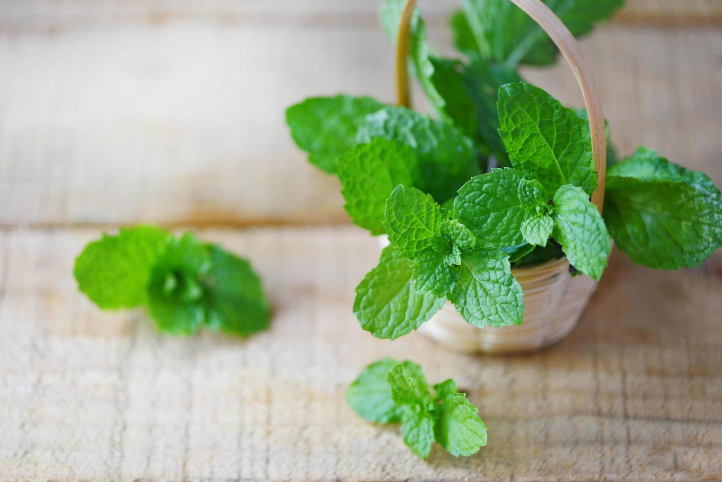 menta hoja en un madera cesta - Fresco menta hojas en el de madera antecedentes para hierbas y vegetal comida natural foto