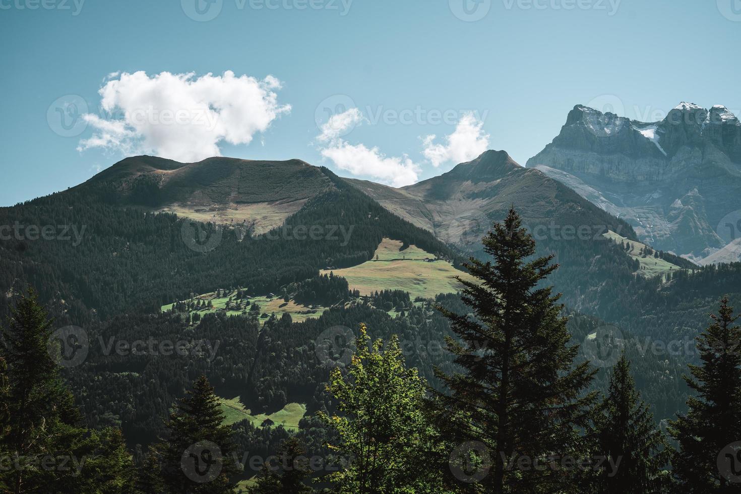 Majestic mountains in the Alps covered with trees and clouds photo