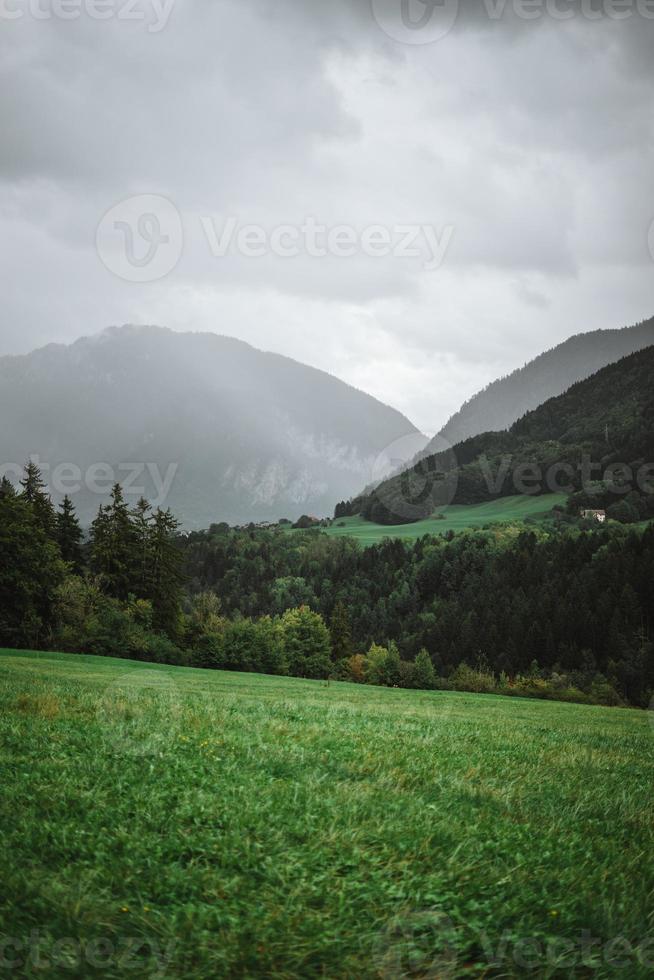 majestuoso montañas en el Alpes cubierto con arboles y nubes foto