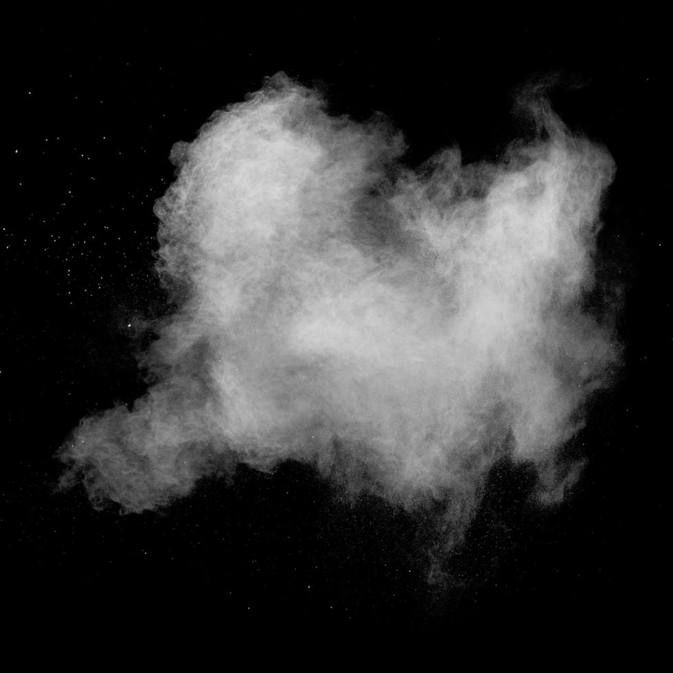 White talcume powder explosion on black background. White dust particles splash. photo