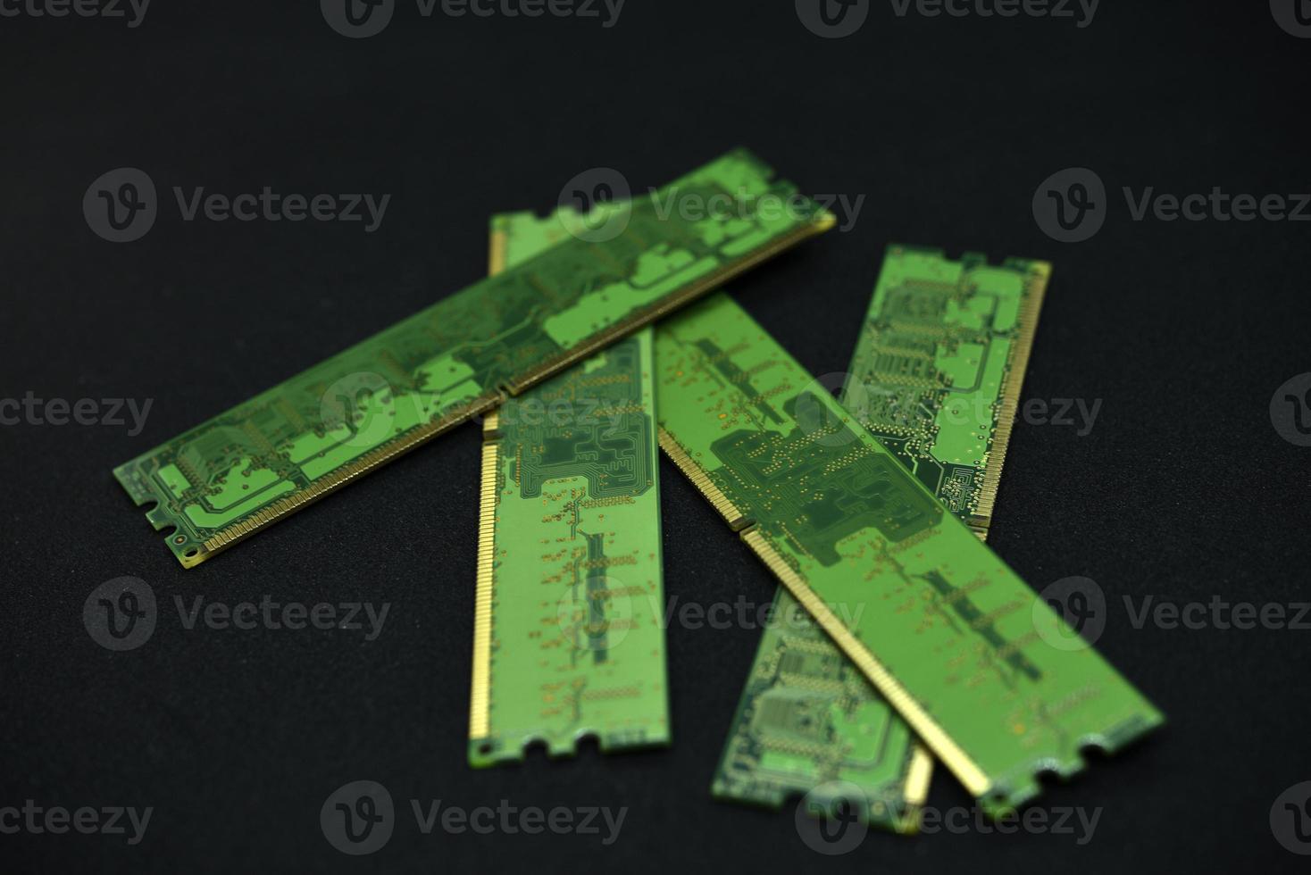 Blue RAM bars on a black background. Computer memory chips. Computer chips. photo