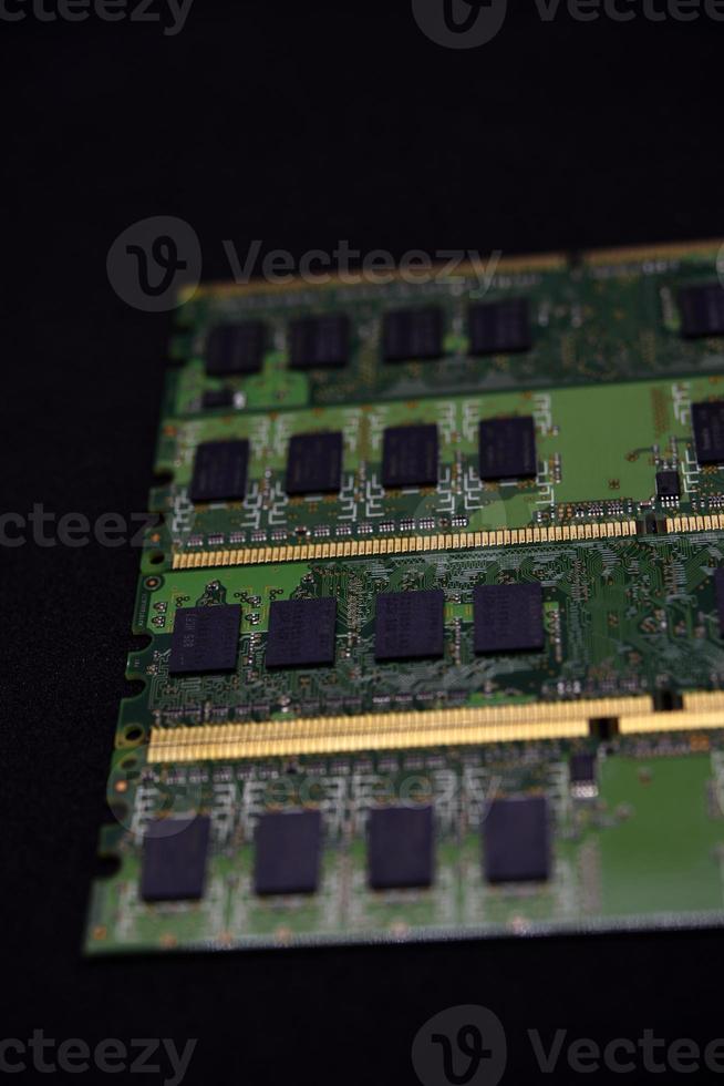 Blue RAM bars on a black background. Computer memory chips. Computer chips. photo