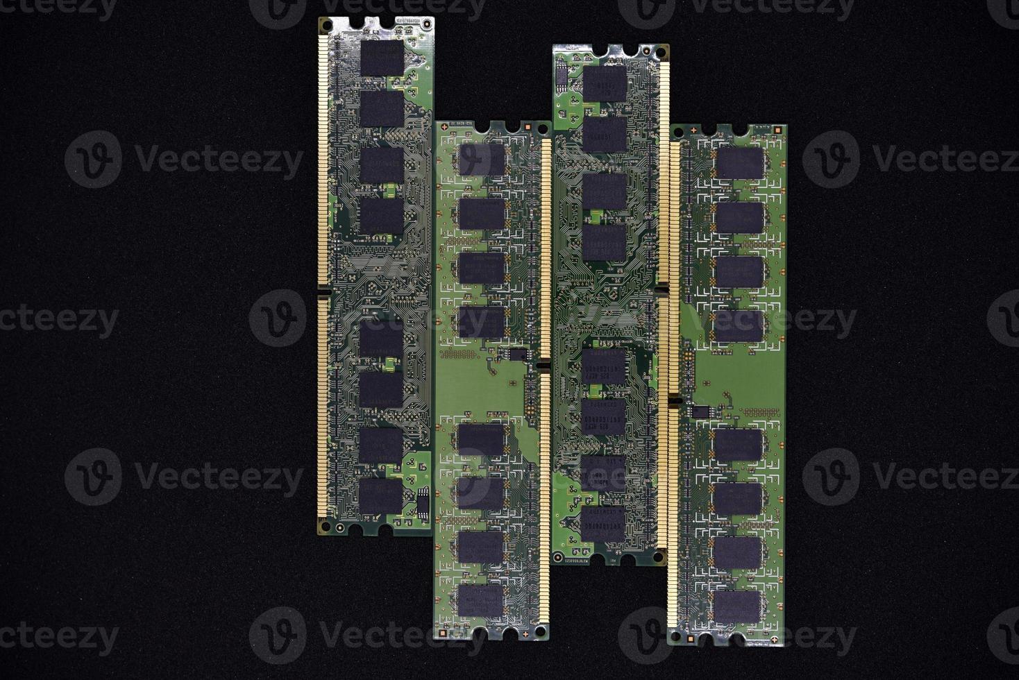 Blue RAM bars on a black background. Computer memory chips. Computer chips. photo