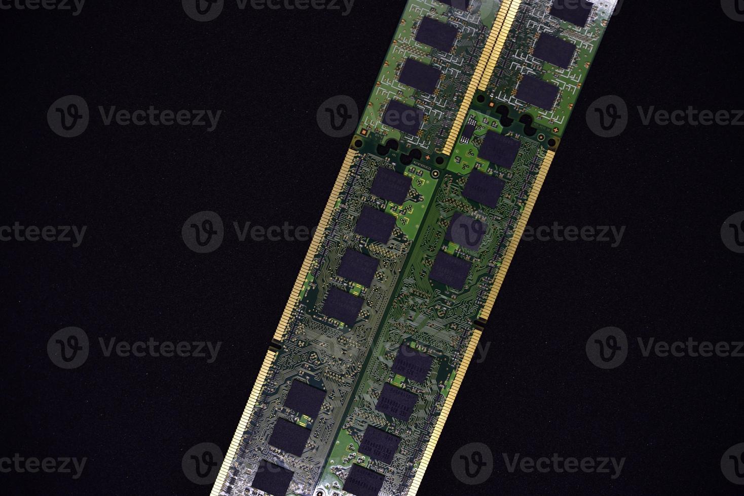 Blue RAM bars on a black background. Computer memory chips. Computer chips. photo