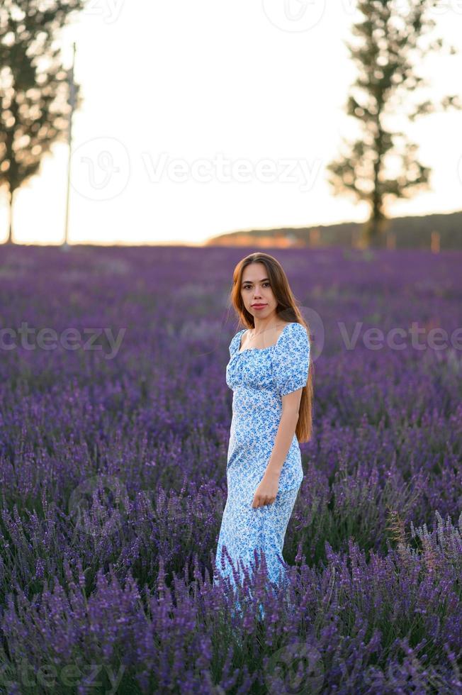 atractivo esbelto contento niña en un azul vestir en un lavanda campo a puesta de sol. foto