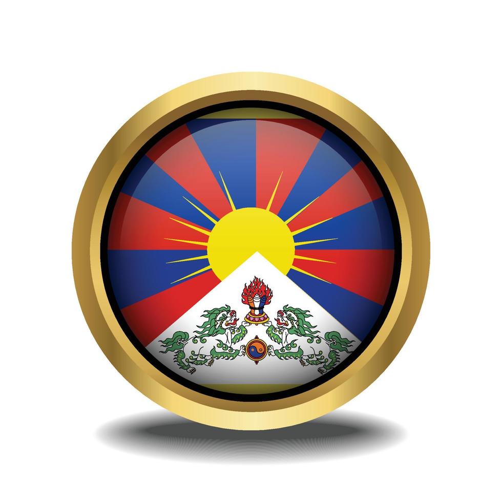 Tibet Flag circle shape button glass in frame golden vector