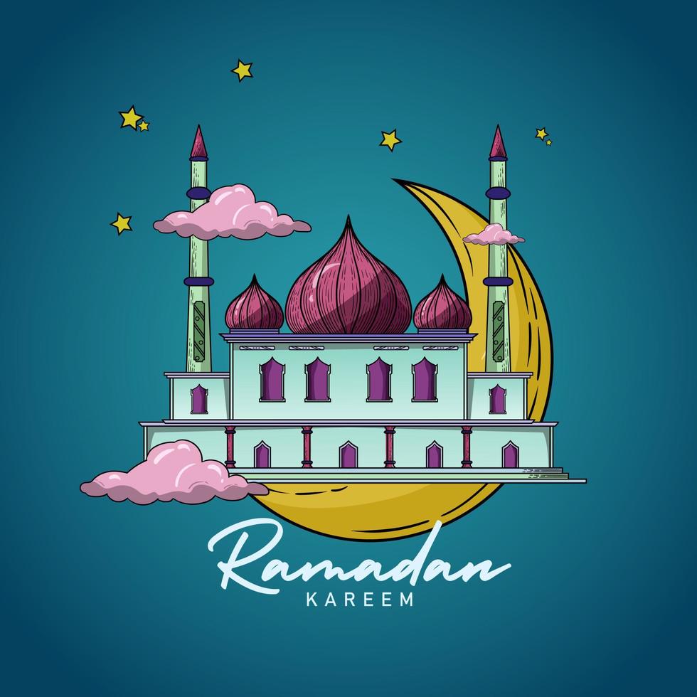 Eid al-Fitr Ramadan Kareem Mosque Moon Star Illustration Vector