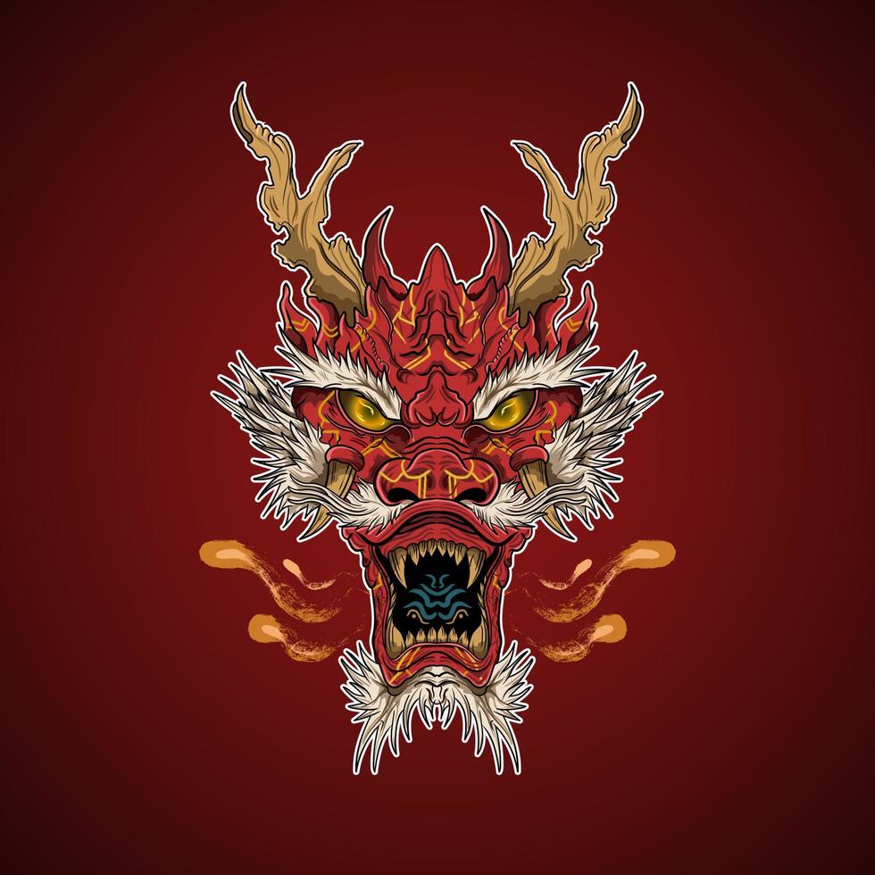 Chinese Red Legendary Oriental Fire Dragon Head Vector Illustration Artwork