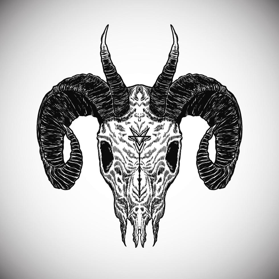 Black Death Goat Skull Horned Horror Satan Dark Artwork Detailed Realistic Vector Illustration