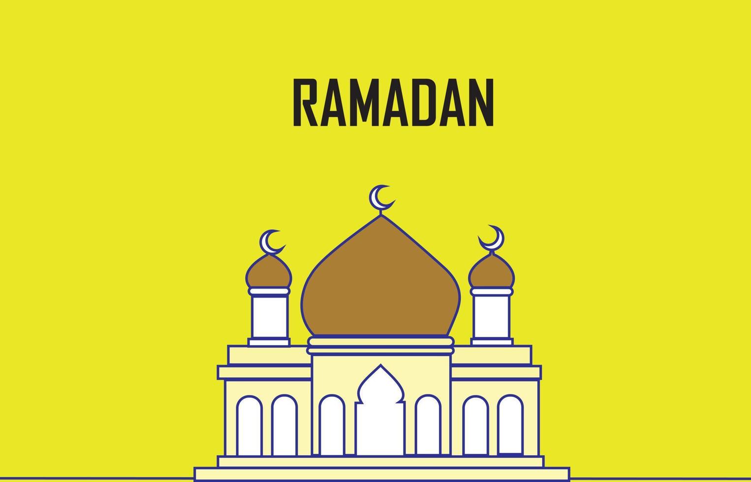 Ramadan Kareem greeting card with mosque on yellow background. Vector illustration
