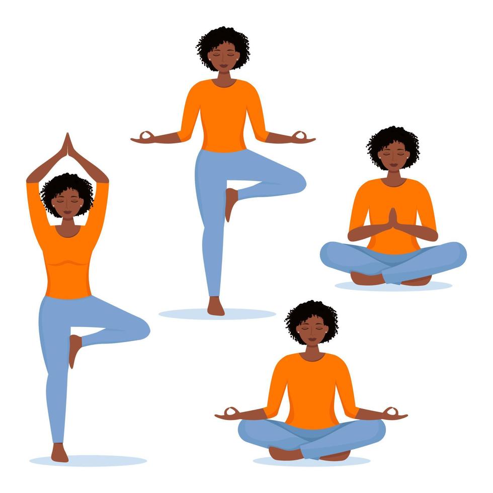 African woman doing yoga set. Yoga diffrent poses. Vector illustration in flat style