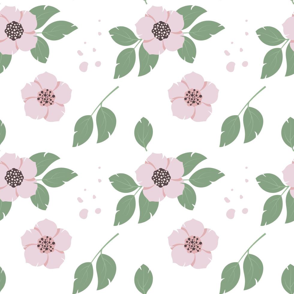Pastel Pink green Floral Seamless Pattern with Blossom Spring Flowers. Vector illustration in hand drawn flat style