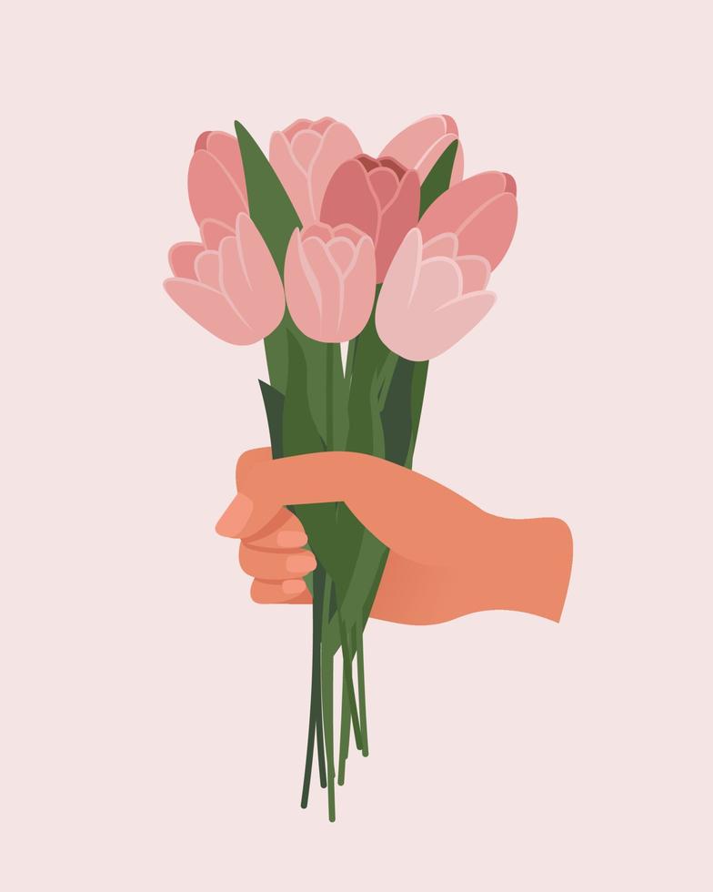 mano participación tulipanes ramo. vector ilustración en plano estilo