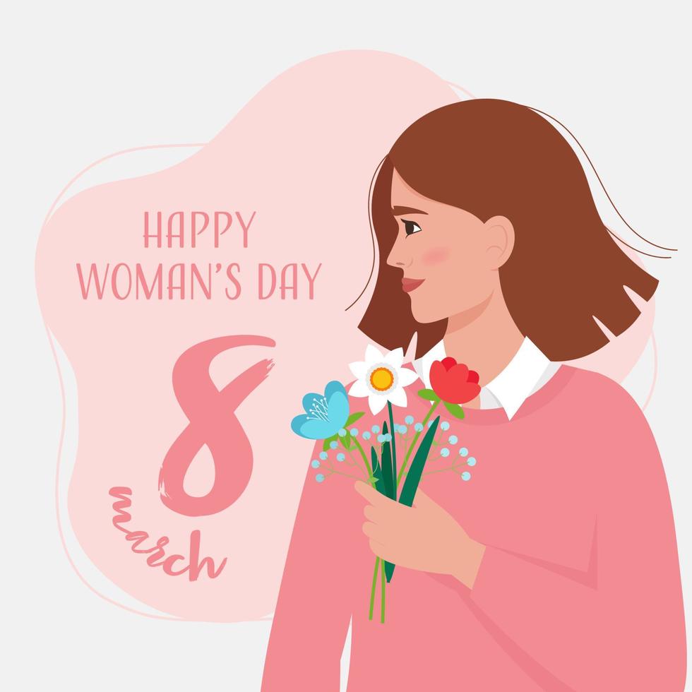 Woman holding a bouquet of spring flowers. International womens Day concept. Vector illustration in flat style