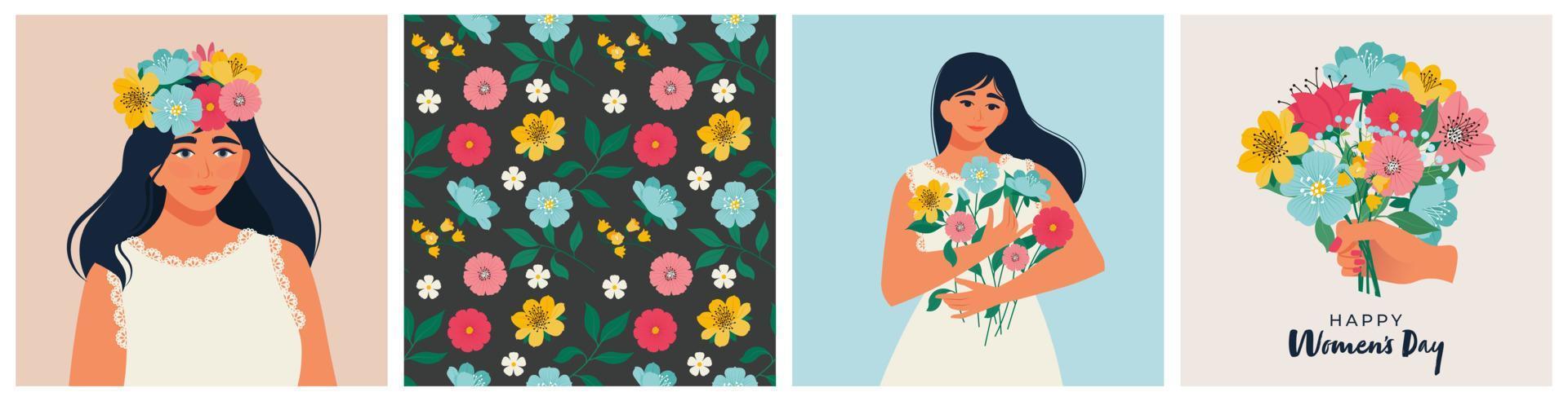 primavera conjunto con bonito mujer, florecer flores, patrón, De las mujeres día saludo tarjeta. vector ilustración en plano estilo