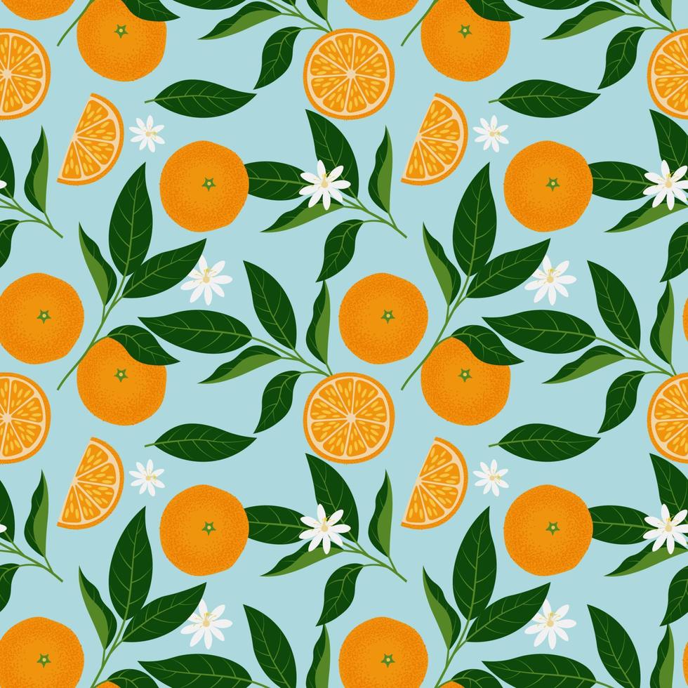 Tropical seamless pattern with orange citrus fruit and leaves. Vector Illustration for print fabric or wallpaper