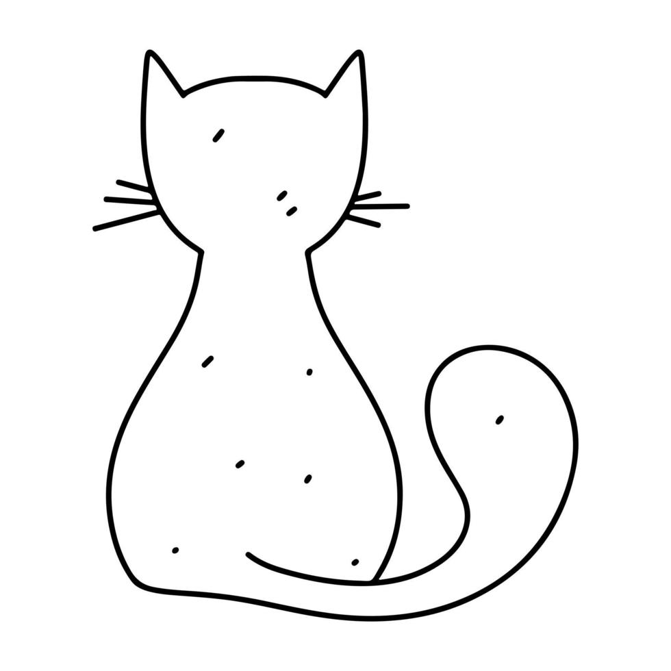 Back sitting cat in hand drawn doodle style. Cute animal. Vector illustration on white background.