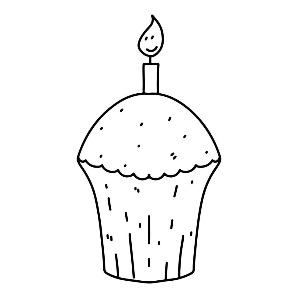 Sweet cupcake with birthday candle in hand drawn doodle style. Template for greeting card, postcard or adult coloring book. Cute food illustration. vector