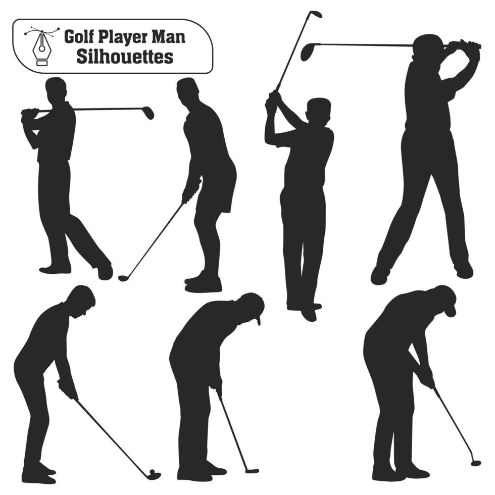 colección vectorial de siluetas masculinas de jugadores de golf en diferentes poses vector