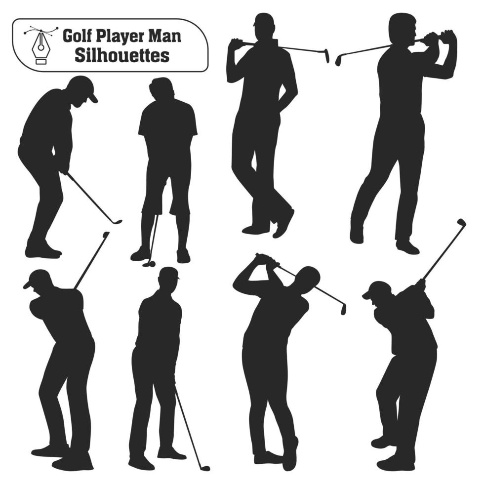 colección vectorial de siluetas masculinas de jugadores de golf en diferentes poses vector