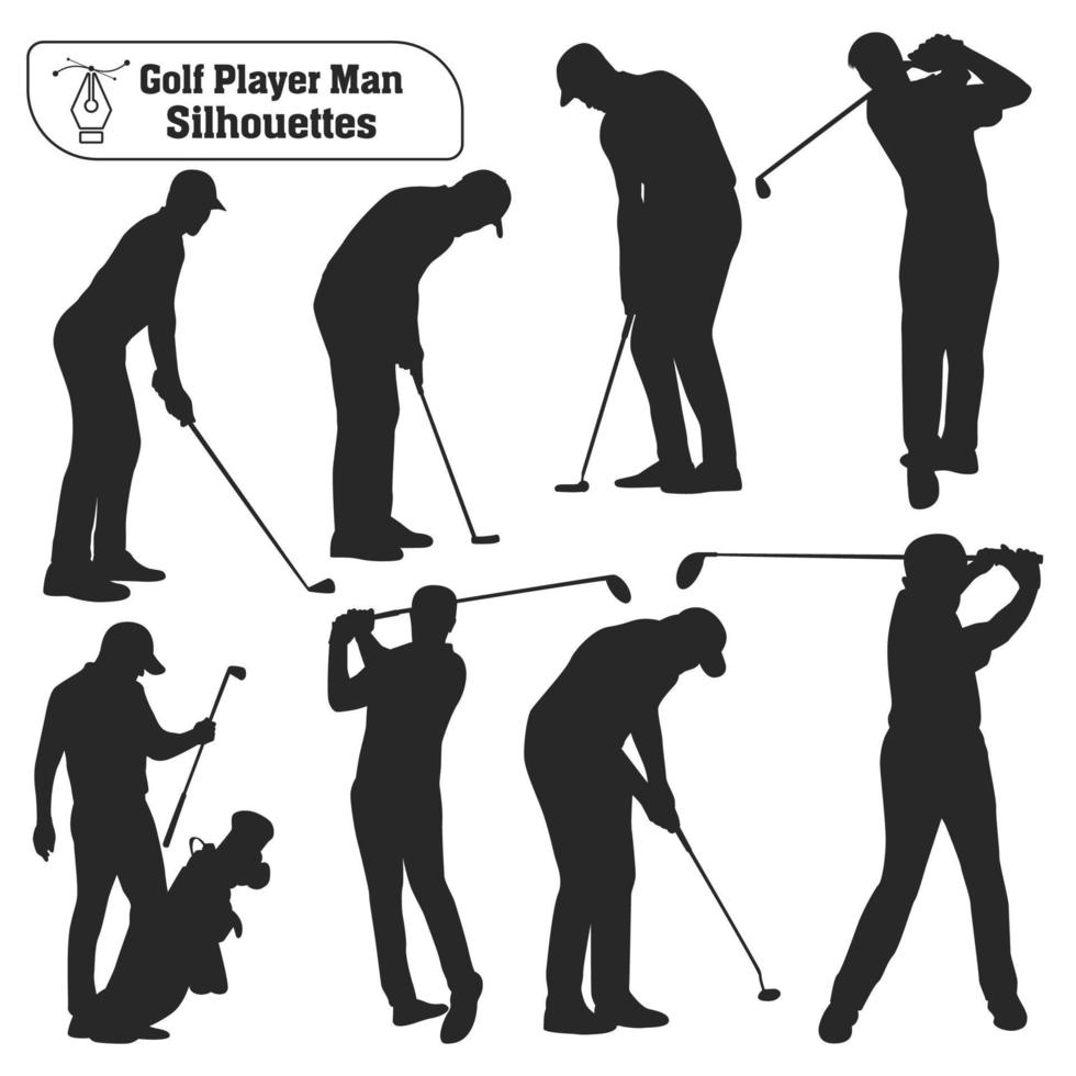 colección vectorial de siluetas masculinas de jugadores de golf en diferentes poses vector