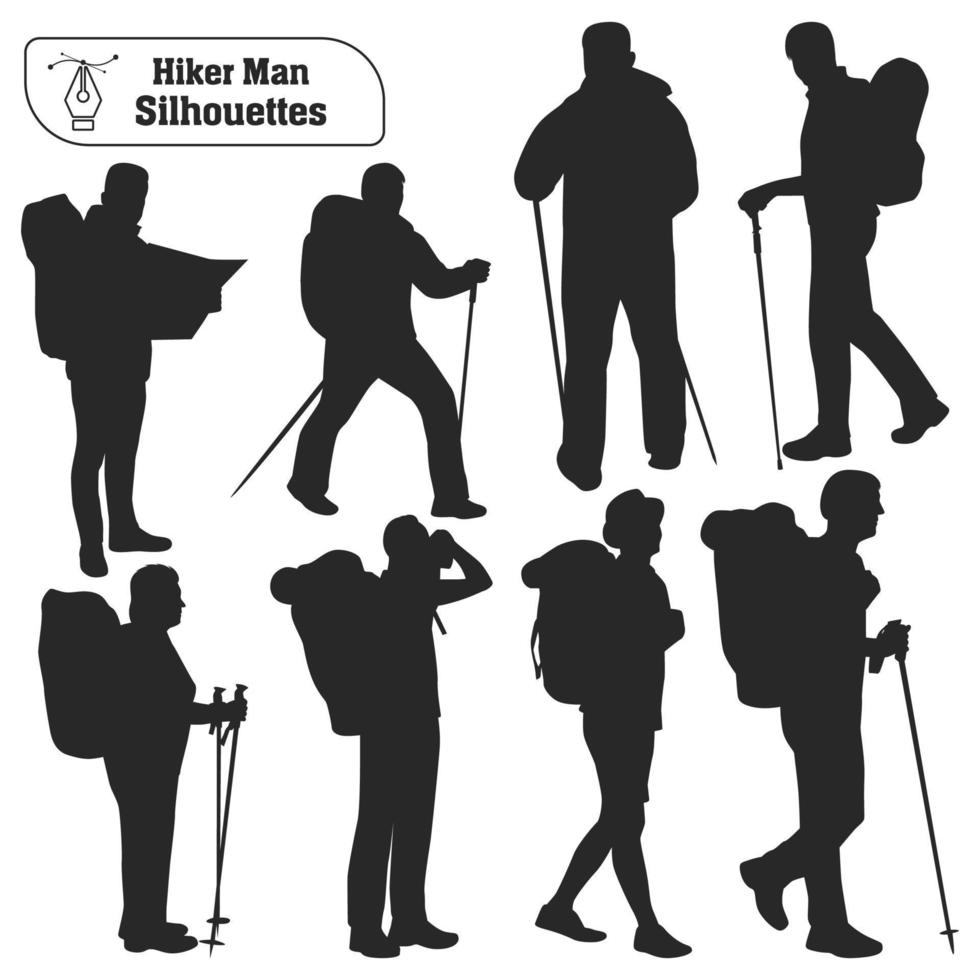 Vector collection of male hiker in mountains silhouettes in different poses