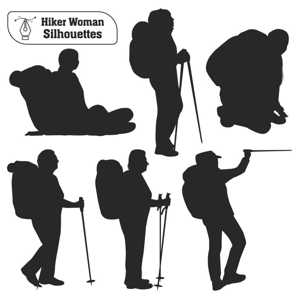 Vector collection of female hiker in mountains silhouettes in different poses