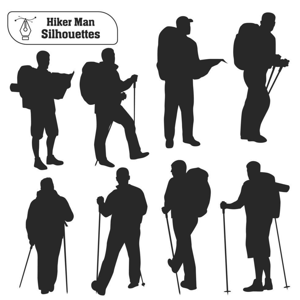 Vector collection of male hiker in mountains silhouettes in different poses