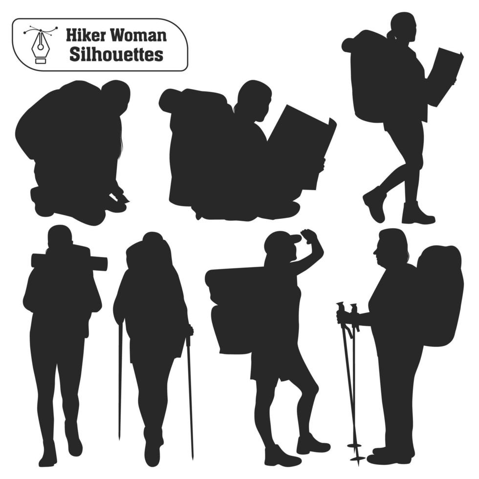 Vector collection of female hiker in mountains silhouettes in different poses