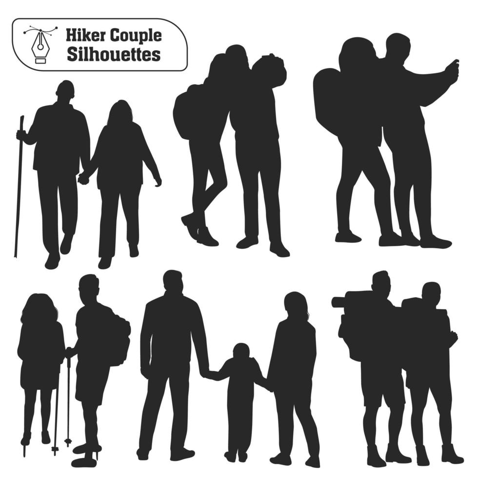 Vector collection of Couple hiker in mountains silhouettes in different poses