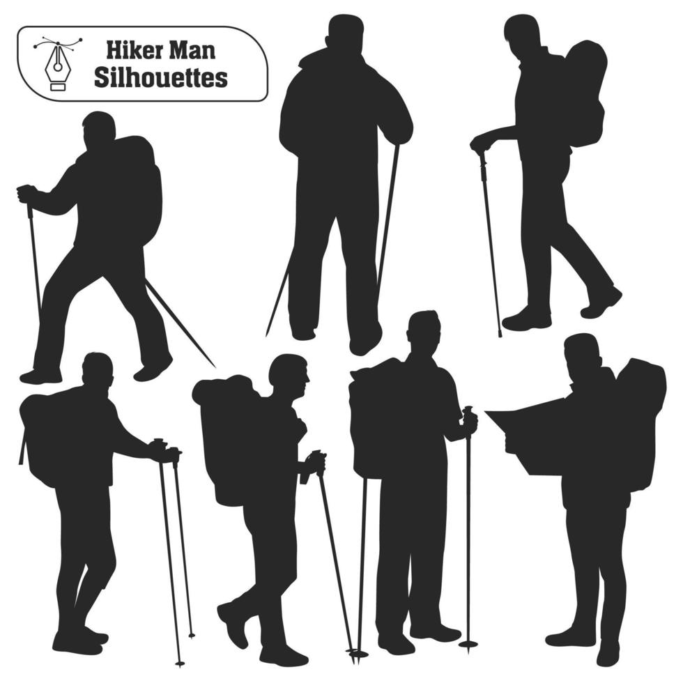 Vector collection of male hiker in mountains silhouettes in different poses