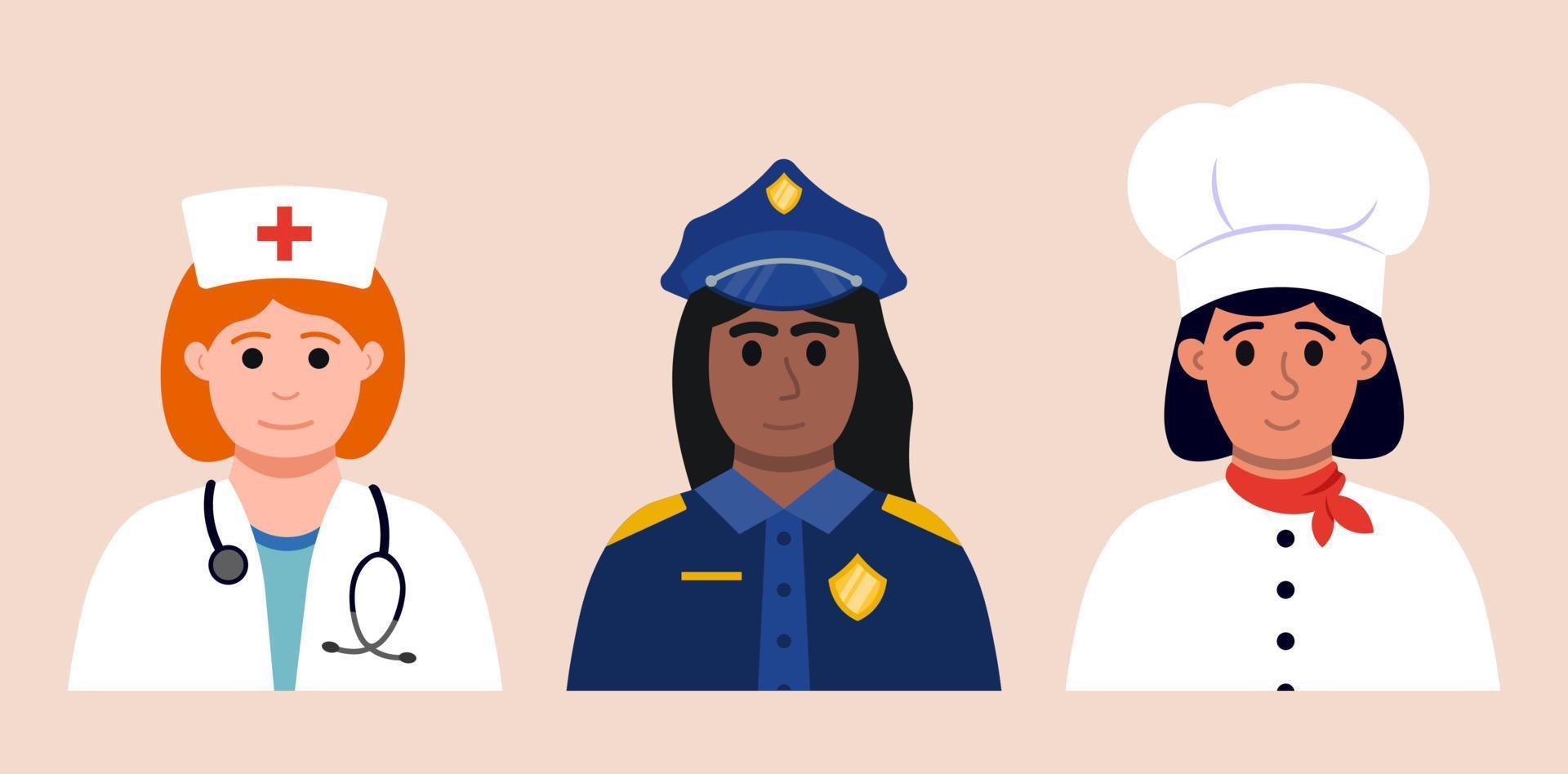 Portraits Of Professional Women, Policewoman, Doctor, Chief Vector Illustration In Flat Style