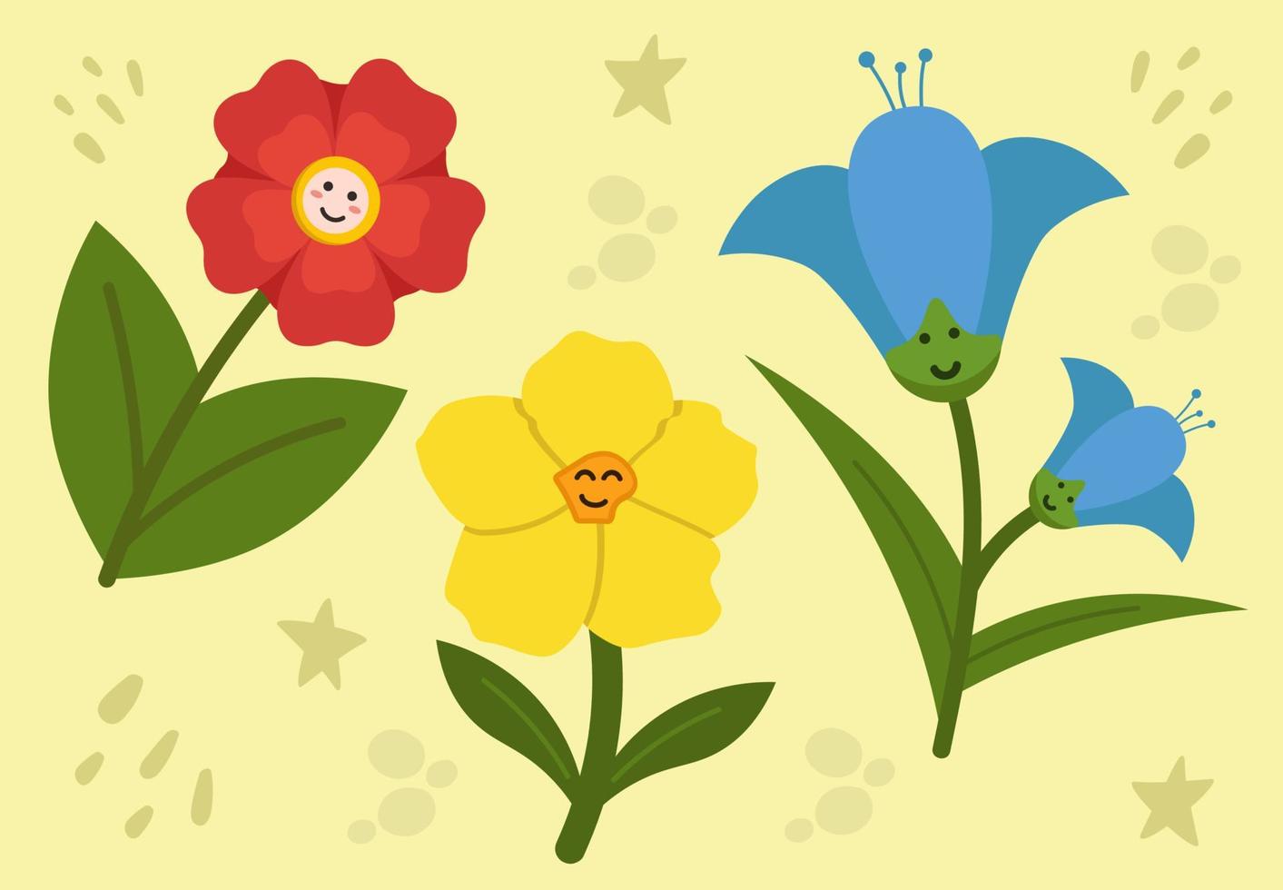 Collection Of Happy Flowers With Faces Colorful Vector Illustration In Flat Style