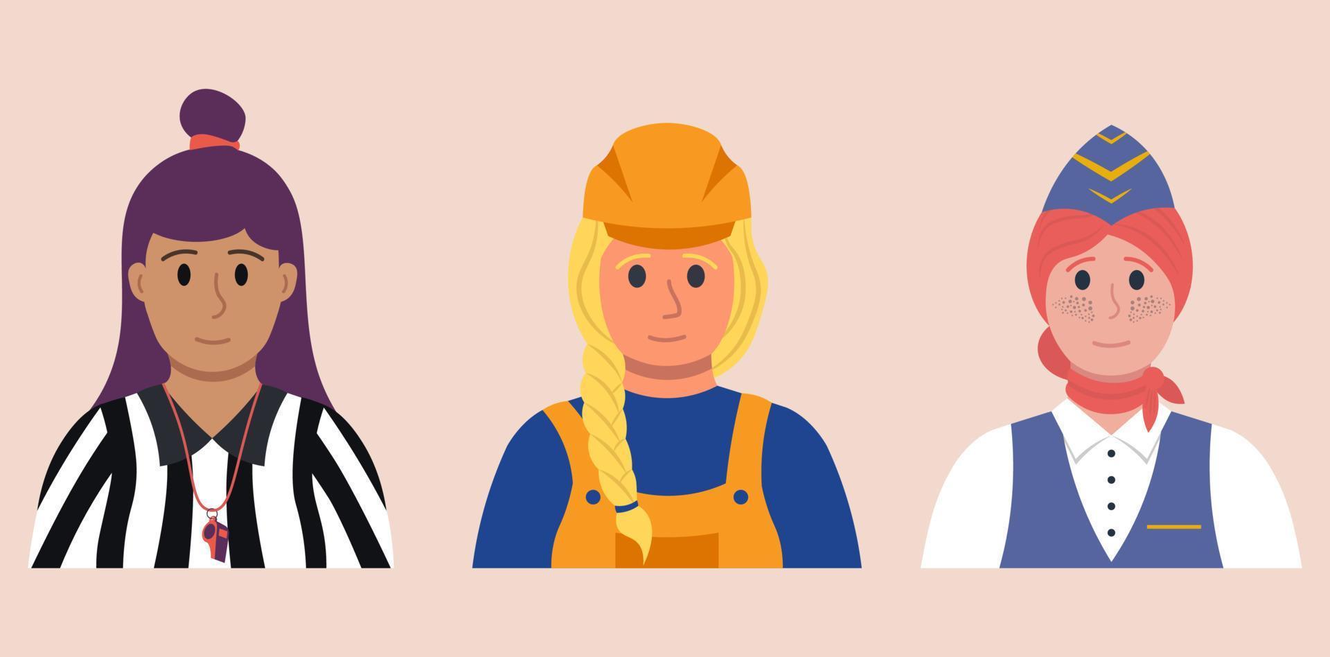 retratos de mujer diferente profesiones, azafata, constructor, árbitro vector ilustración en plano estilo