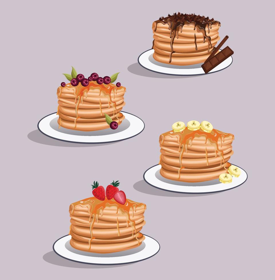 Cartoon pancakes. Stacks of tasty pancakes with butter, chocolate syrup and fruits vector