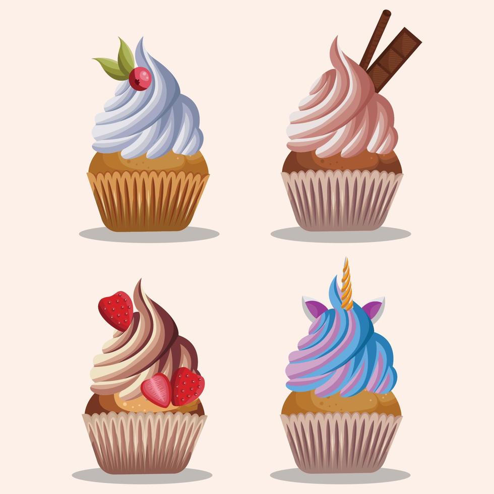 conjunto de lindos cupcakes y muffins vectoriales vector