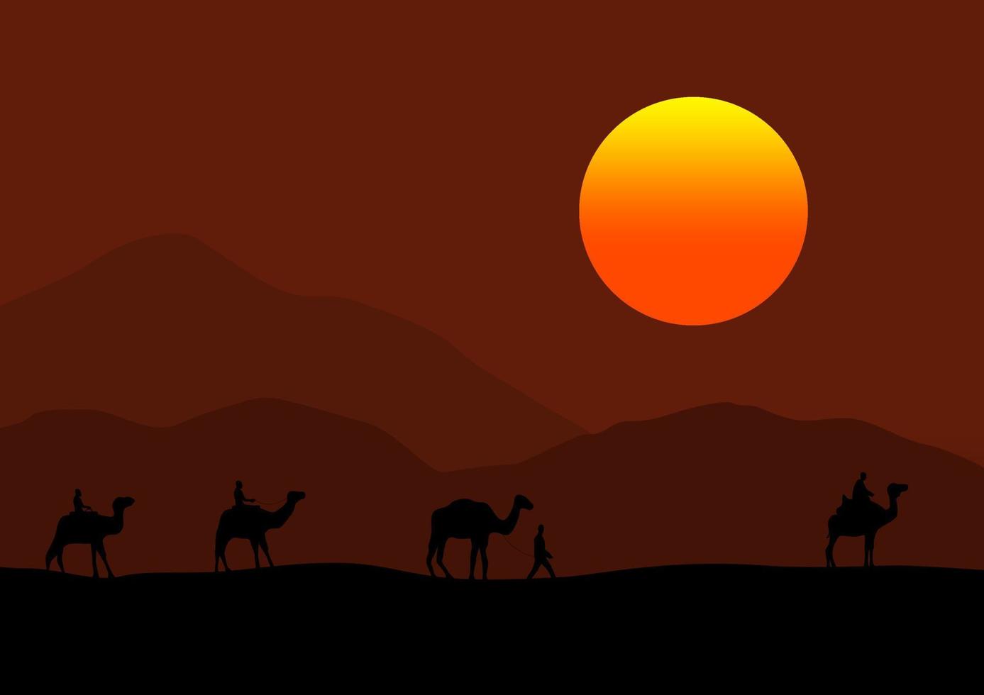 camellos en el Desierto a atardecer, vector ilustración.