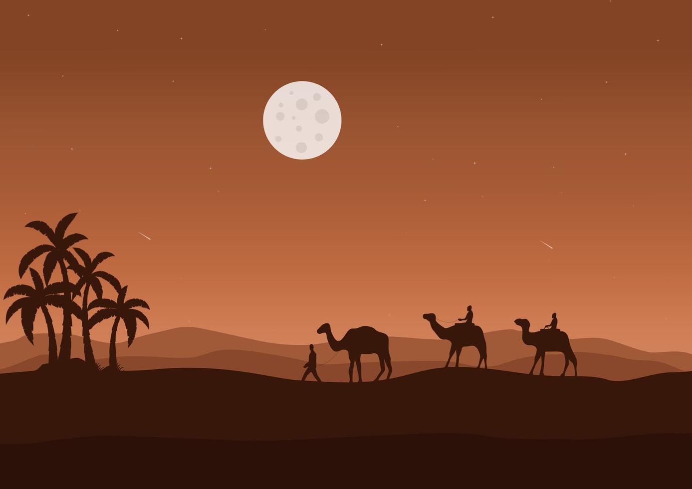 camels in the desert with a full moon at night, vector illustration.