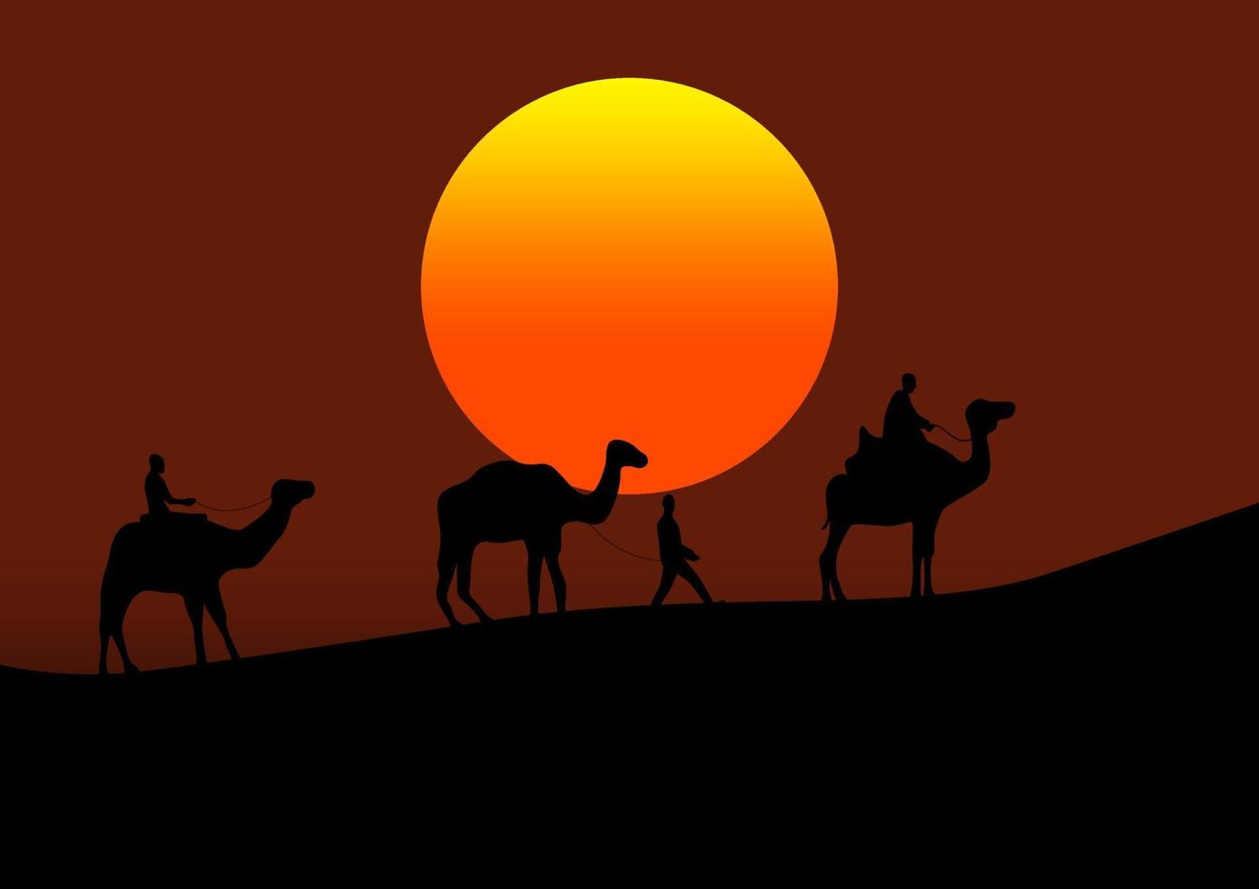 camellos en el Desierto a atardecer, vector ilustración.