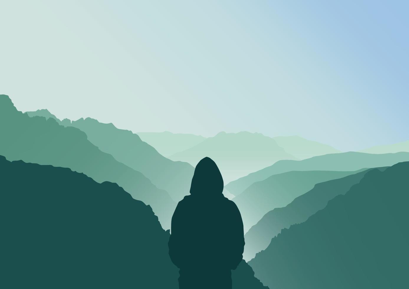 silueta de un persona en el montañas, vector ilustración.