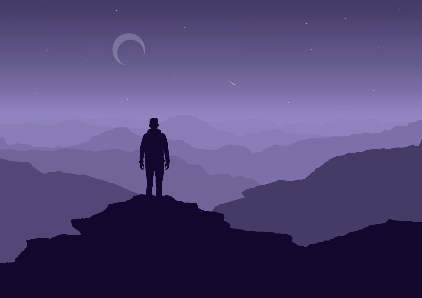 silhouette of a man on the mountain cliff at night, vector illustration.