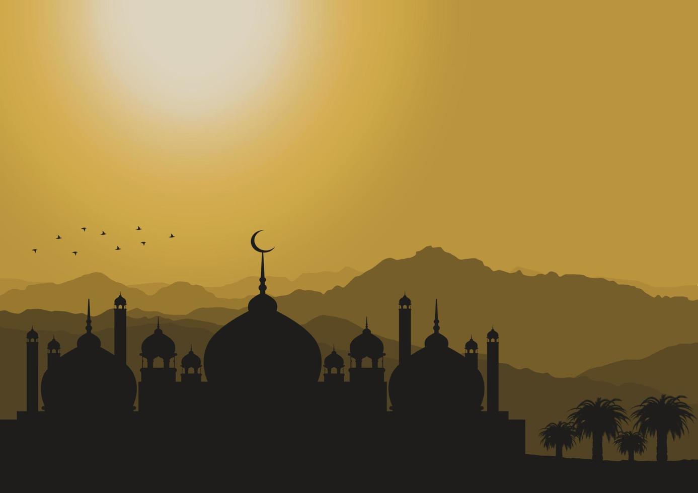 silhouette of a mosque in the sunset in the desert, vector illustration.