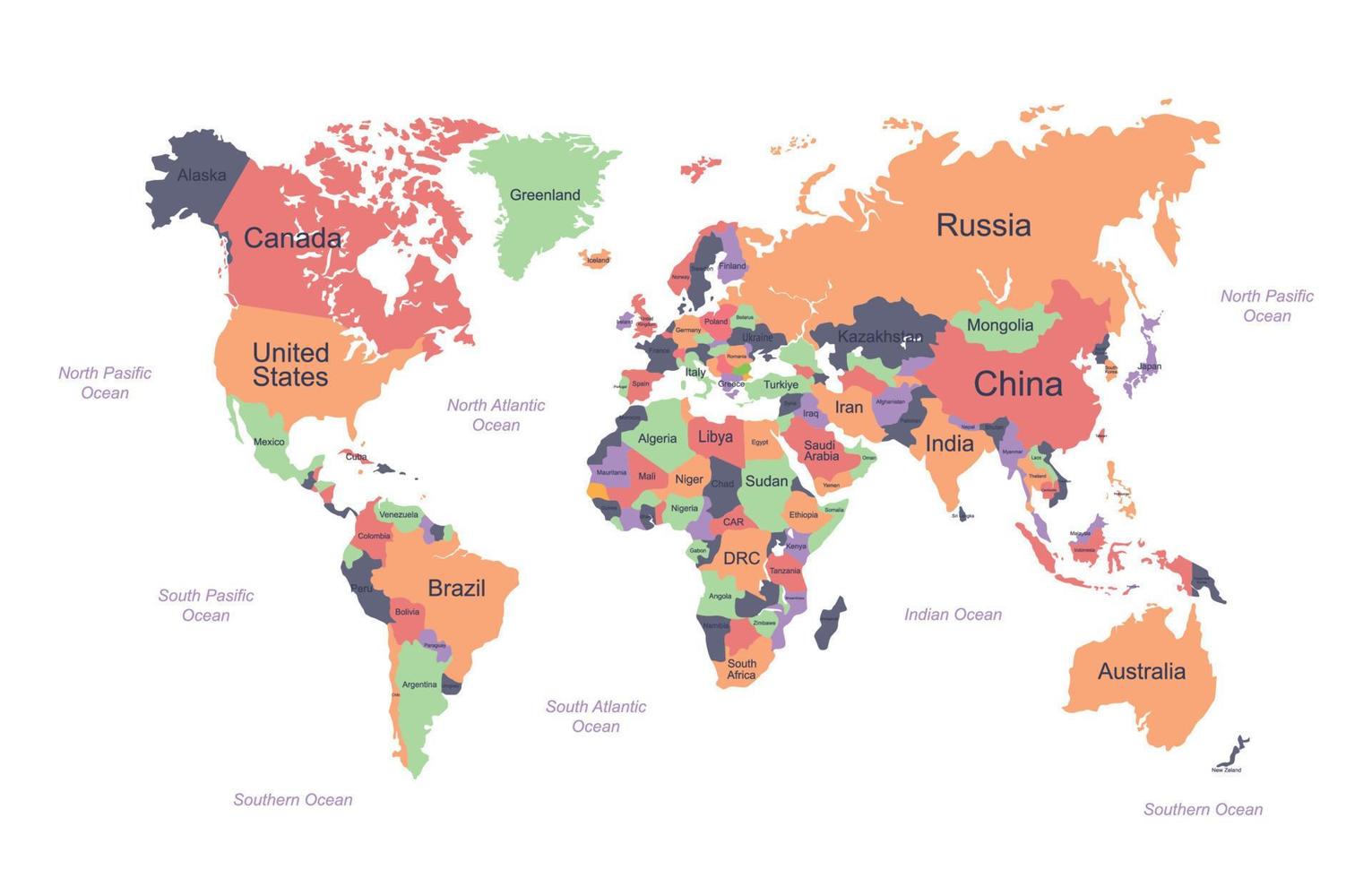 World Map with Countries Name and Different Color 20471699 Vector ...